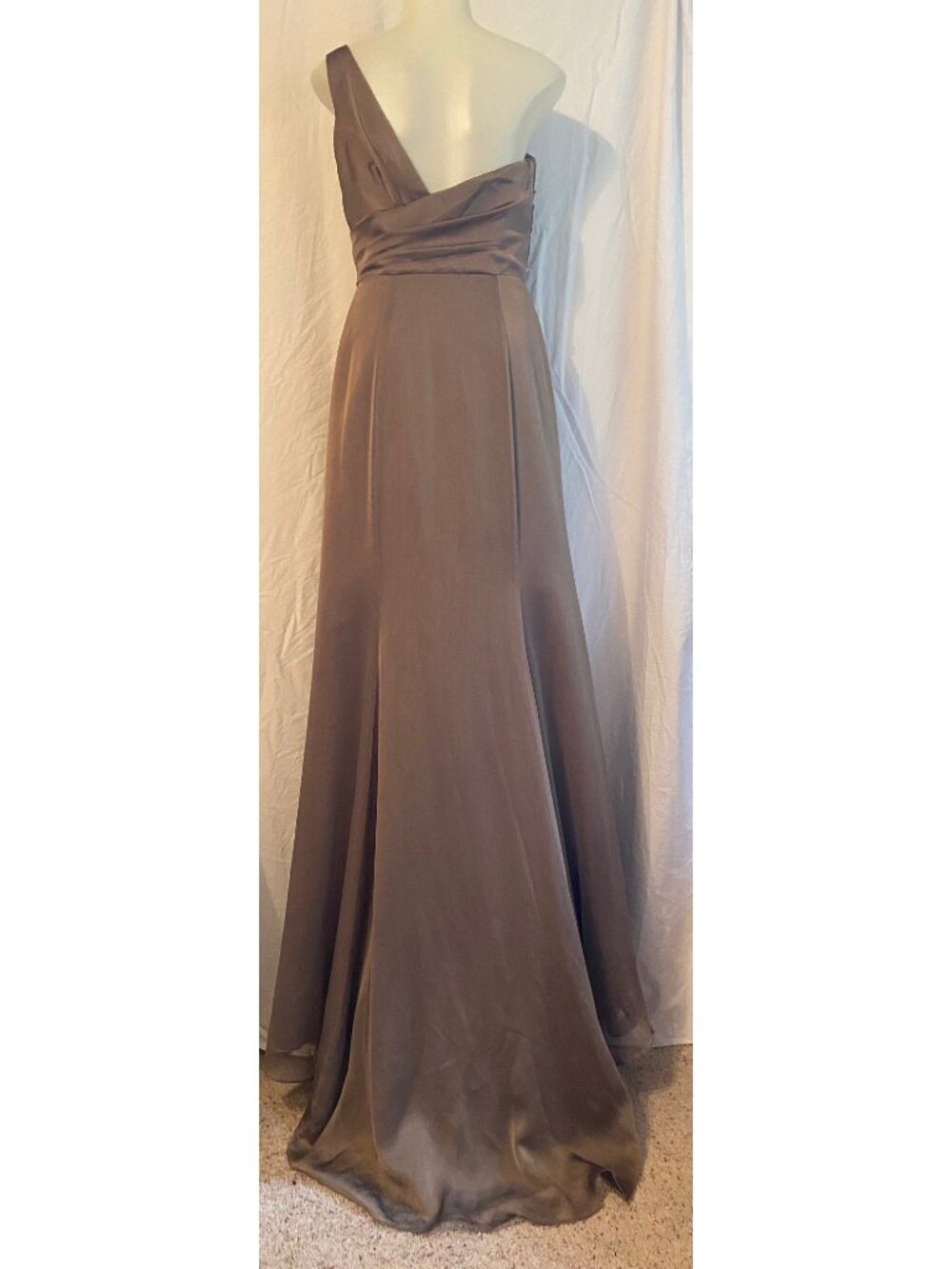 Jim Hjelm Occasions Taupe Vintage Chiffon One Shoulder Formal Gown - Picture 2 of 5